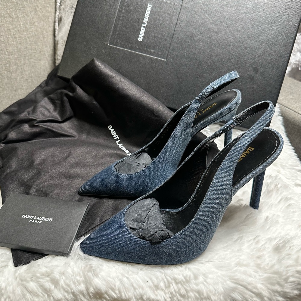 Saint Laurent Women's Anja 85 Denim Slingback Pumps in Blue - Picture 3 of 5